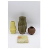 3 Art Pottery Vases & Marble Slab