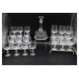 Decanter w/13 wine glasses and 9 water glasses