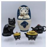 Black Cat Teapots, Sugar, Statue & Old Cookie Jar