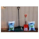 2- 40lb Bags Ice Melt, Snow Shovels