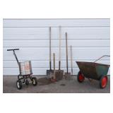 Vintage Wheel Barrow, Seeder, Shovels