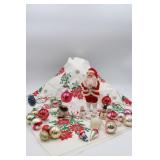 Vintage Christmas Tablecloth, Santa, Ornaments