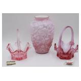 Fenton Dusty Rose Dogwood Vase & 2 Baskets