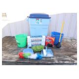 30 gal Trash Can, trash bags, and buckets