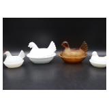 4 Hen on Nest Sets Amber & Milk Glass