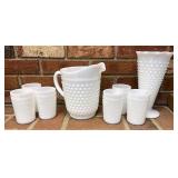 Milk glass pitcher cups and vase