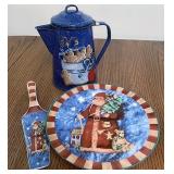 Santa cake plate server and gingerbread enamel