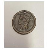 1851 large One cent with hole in top.