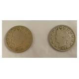 1906 and 1892 V nickels