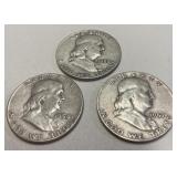 1953D 1954 and 1957D Franklin half dollars