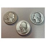 1939, 1940 S, 1941 silver quarters (worn)