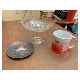 Glass candy dish large mug and wooden plate