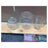 Large glass cup cookie jar and glass pitcher
