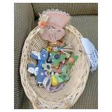 Basket full of small wooden magnets