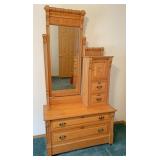 Oak chiffarobe with beveled mirror and hat box,