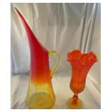 Amberina Crackle glass pitcher, fluted vase