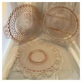 3 pink Depression plates