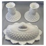 Milk hobnail candle sticks and butter dish as is
