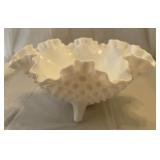 Fenton Three footed fluted milk hobnail candy
