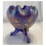 Unique cobalt blue three footed pressed vase with