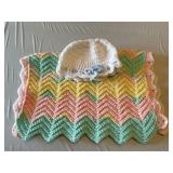 Crocheted baby blanket and hat
