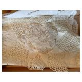 Table runner doilies and box of misc lace