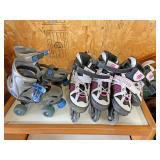 Two pair of rollerblades one pair of rollerskates