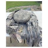 Camo hunting gear pants shirt coveralls and stool