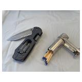 Metal dry match holder and Kershaw G&G hawk