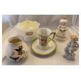 Various glass lot and figurines, tea set