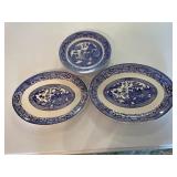 Willow blue plates and flow blue platters