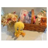 Misc. stuffed animals basket and decorator flower