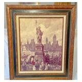 Framed Leslie Cope print on board Statue of