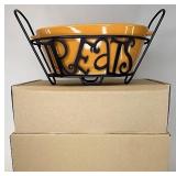 NIB Wrought iron treats with orange pottery bowl