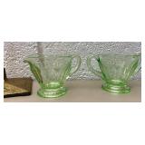 Green depression glass cream and sugar