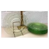Eight green depression glass salad plates