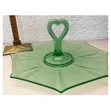 Green depression glass heart handled serving tray