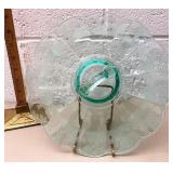 Teal Cake Plate with Deerwood pattern etching