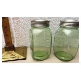 Green depression glass jars with lids