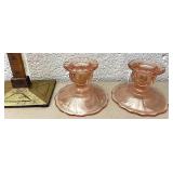 Pink Depression glass candleholders