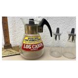 Log cabin syrup server and salt and pepper