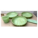 Three jadeite bowls one cup and butter dish tray