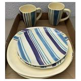 Blue stripes two mugs two small plates and two