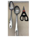 Slotted serving spoons and scissors