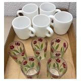Retro tulip juice glasses and white coffee mugs