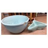 Zanesville stoneware teal pottery bowl has chip