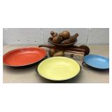 Retro metal bowls and wood carved fruit