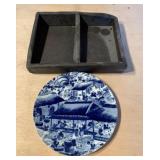 Wooden organizer and blue plate