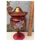 Cranberry glass covered dish