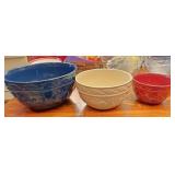 Red white and blue pottery mixing bowls